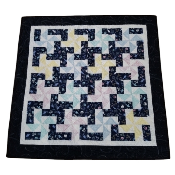 Wall Quilt 38" Square Dragons Castles Pinwheel Pink Blue Floral Hearts Baby Room - Picture 1 of 11